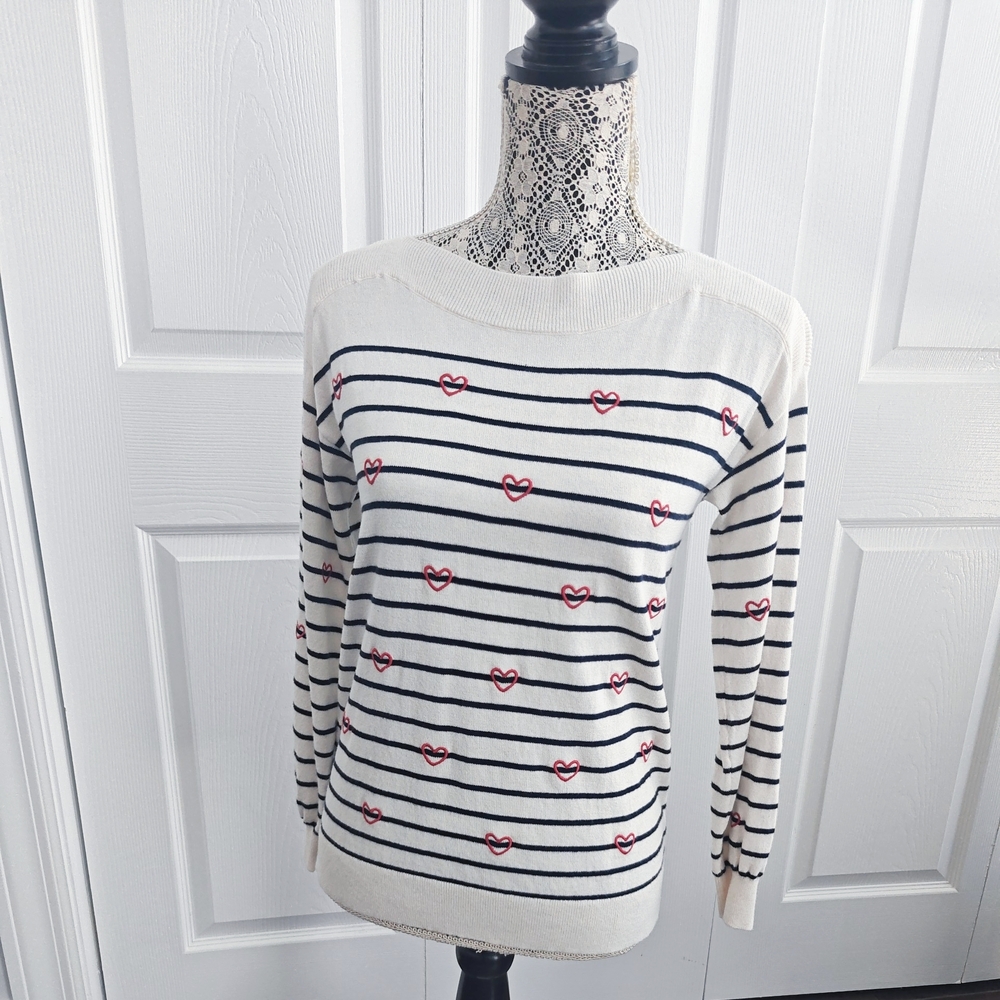 LOFT Boat Neck Sweater with Navy Stripes and Red Hearts Knitwear XS